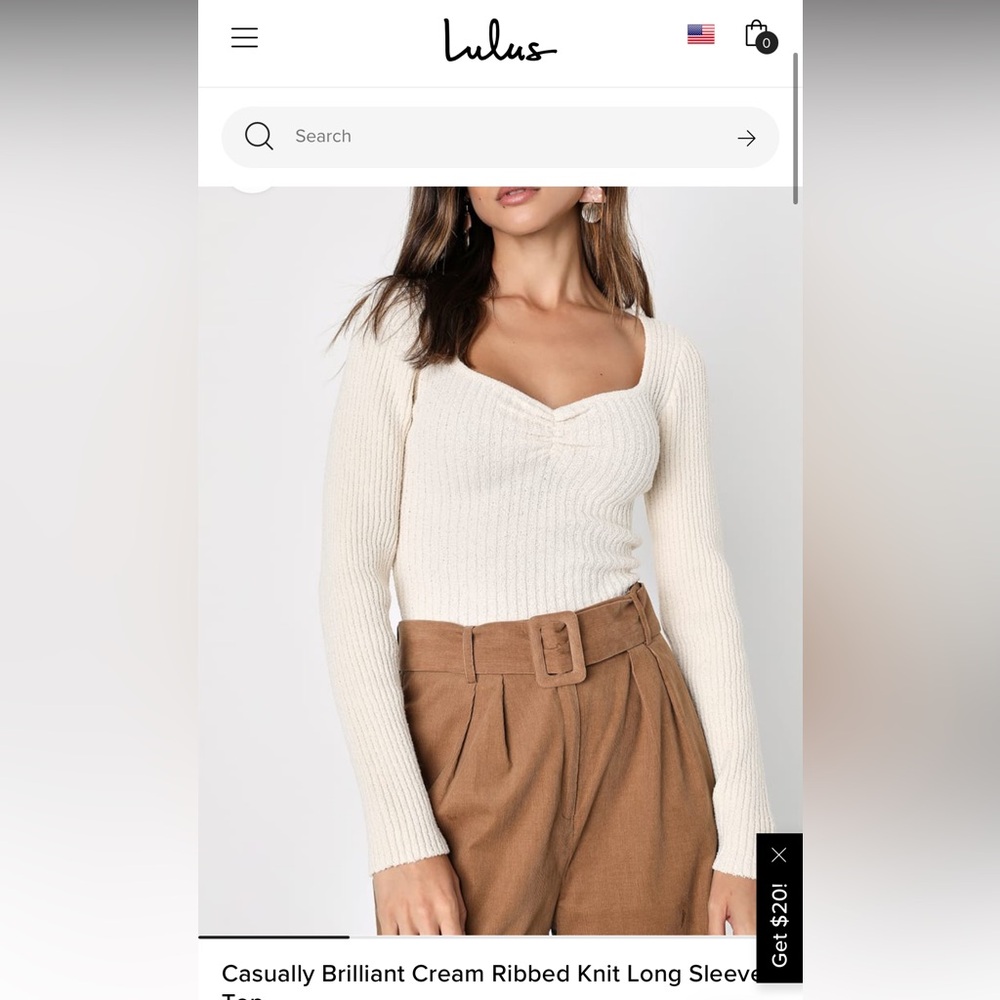 Lulus Brilliant Cream Ribbed Knit Long Sleeve Crop Top - Size Small